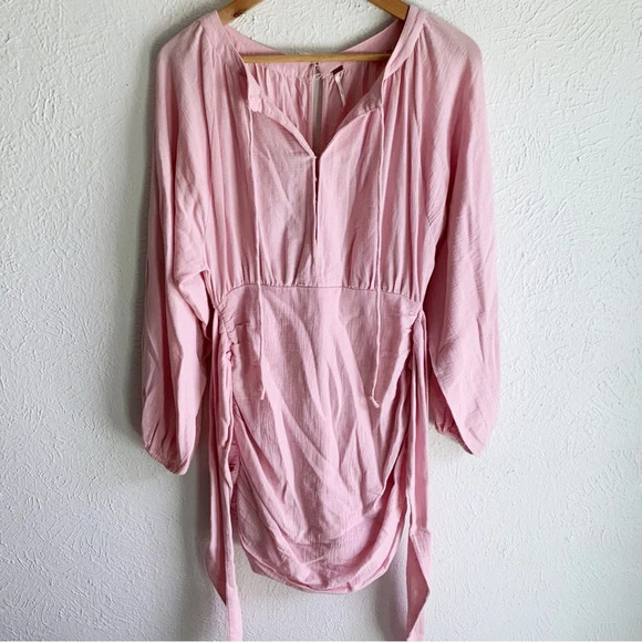 Free People Free-est The Only One Mini Dress Solid Pink Ruched Cotton Sz XS - Picture 3 of 8